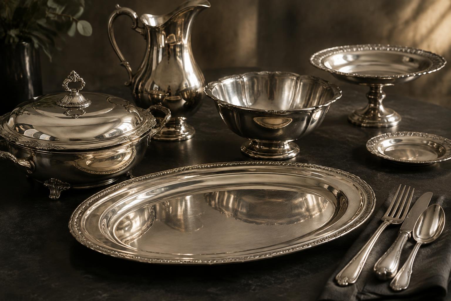 Polished German silver platters, bowls and cutlery