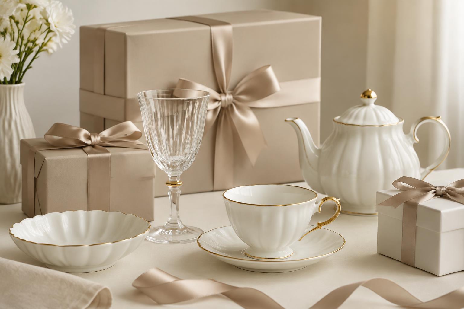 Porcelain and glass pieces presented with ribbon and gift boxes