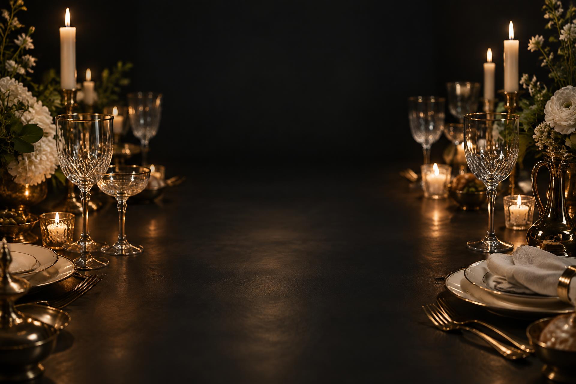 A dining table set with crystal glassware and porcelain