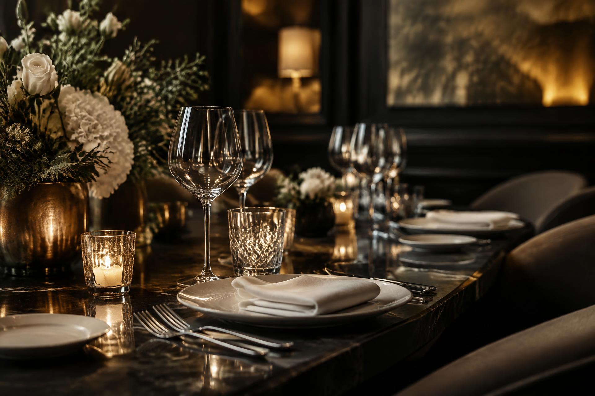 A dining table set with glassware, porcelain and candlelight