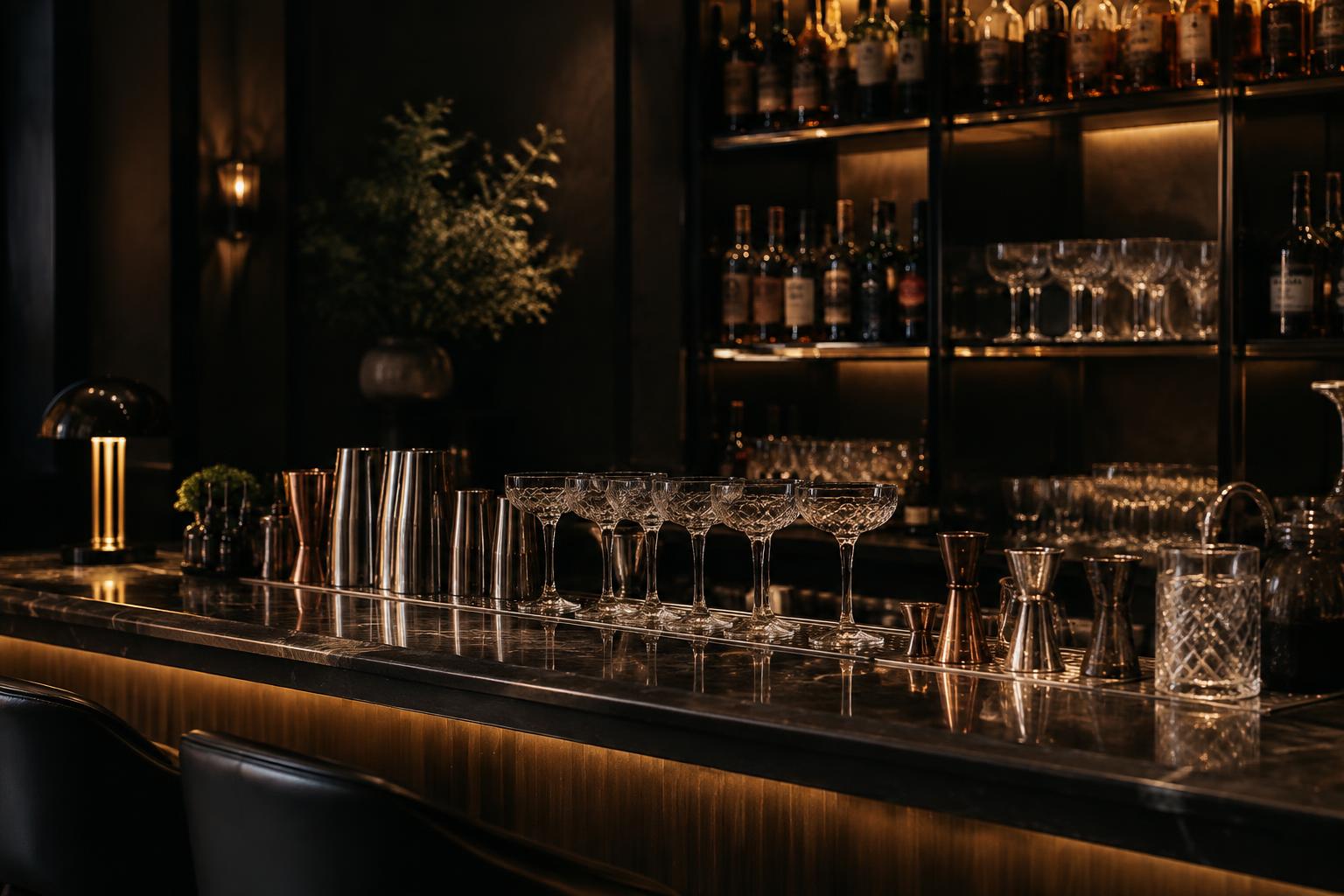 A dark hotel bar counter set with crystal cocktail glasses
