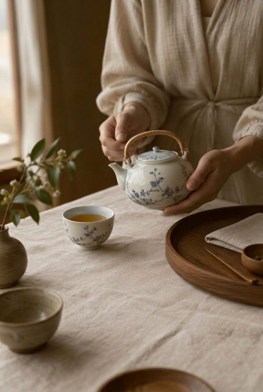 Hands presenting a porcelain teapot and cup on an ivory linen table